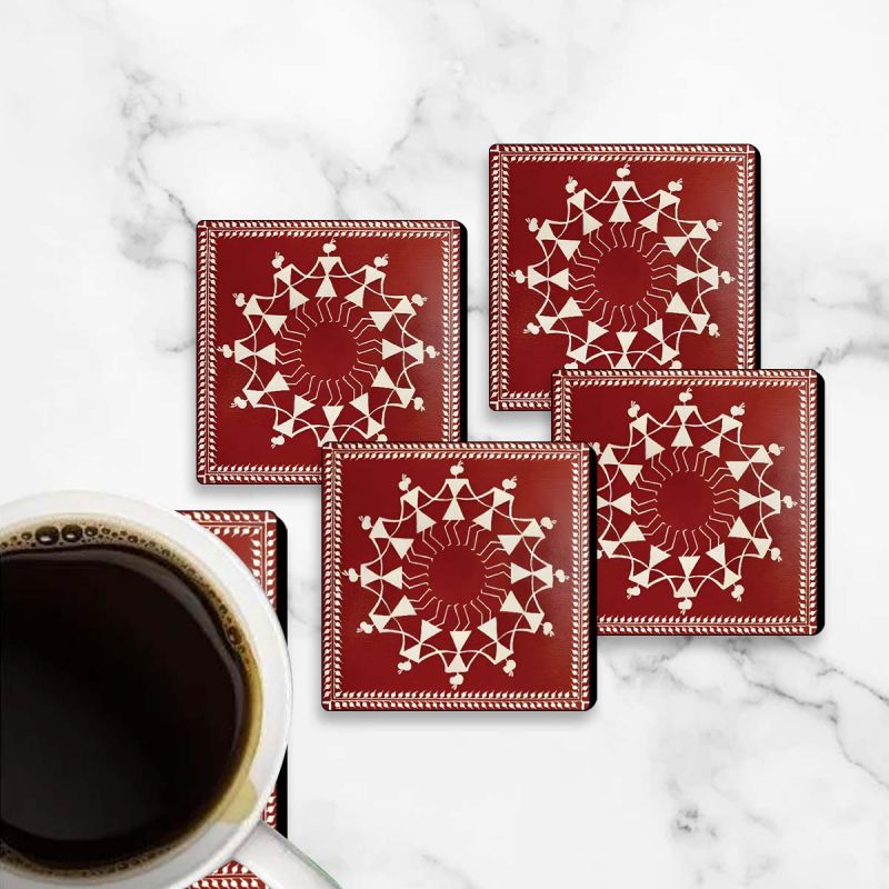 Warli Art Coaster for Table Decor | Coaster Set fit for Tea Cups and Coffee Mugs Also chai Lover Gifts | Traditional Coasters Set of 4